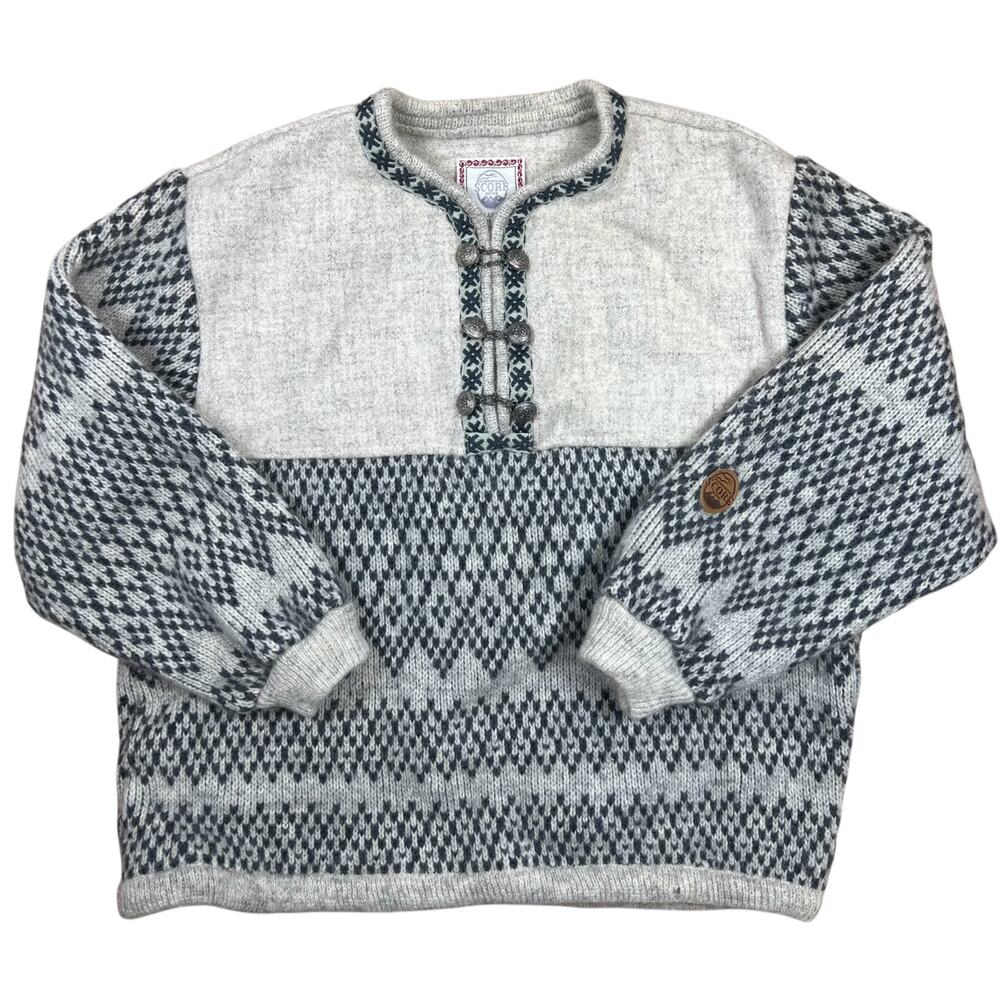 Vintage Score Norway Wool Sweateri Scandinavia Pullover Pewter Clasps Men M/L